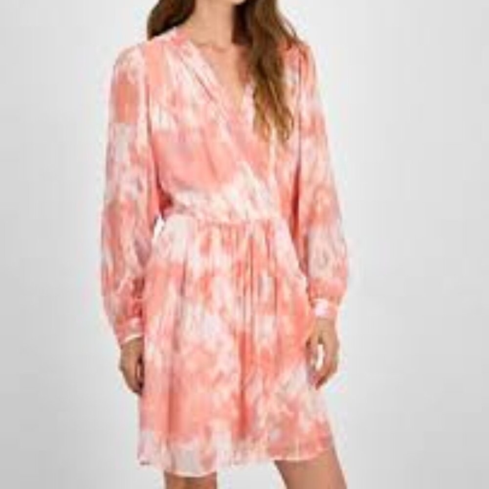 NWT BOSS Orange Print Long Sleeve Faux Wrap Dress - Picture 5 of 5